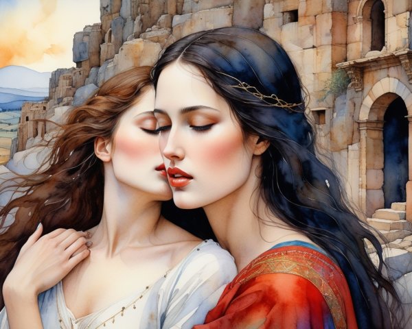 Ethereal Women Embracing in Ancient Ruins Setting