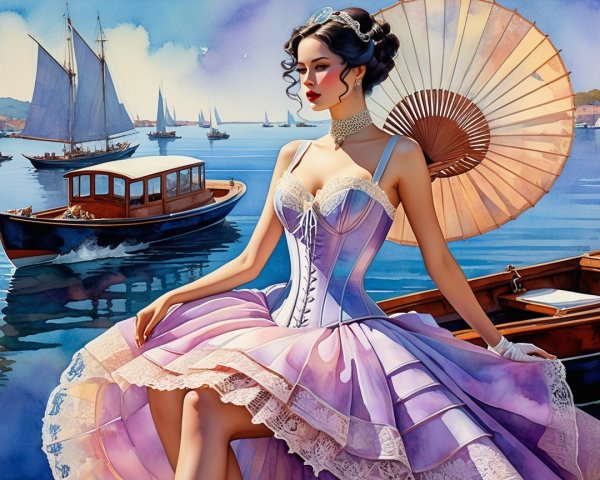 Elegant Woman in Lavender Gown by Serene Water