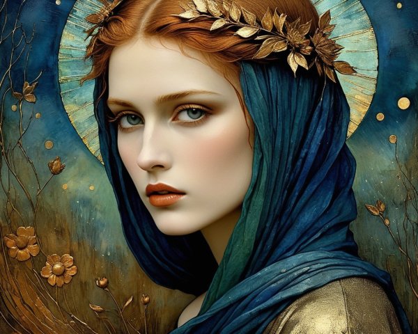 Portrait of a Young Woman with Leaf Crown and Halo