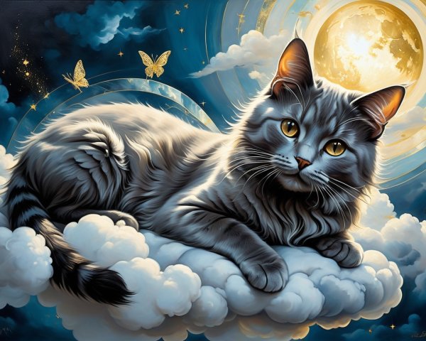 Gray Cat on Cloud Under Moonlit Sky with Butterflies