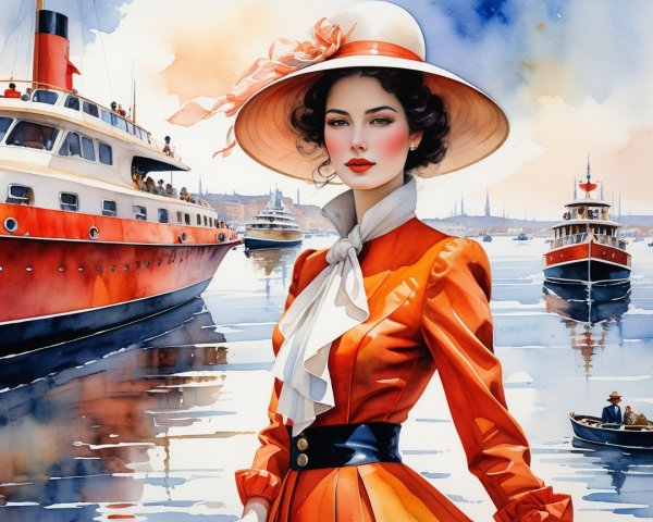 Glamorous Woman in Orange Dress by Marina with Boats