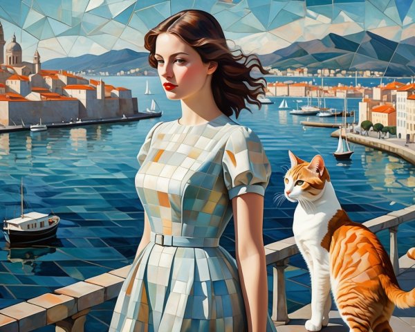 Abstract Cubist Painting of Woman and Port City Scene