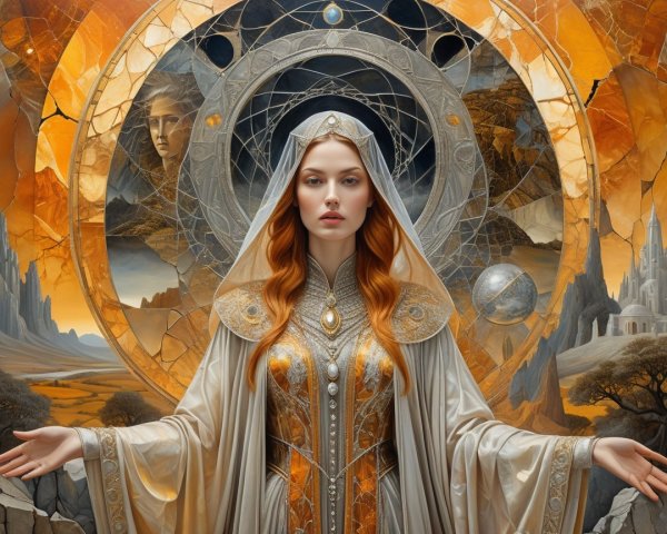 Regal figure in ornate gown amid mystical landscape