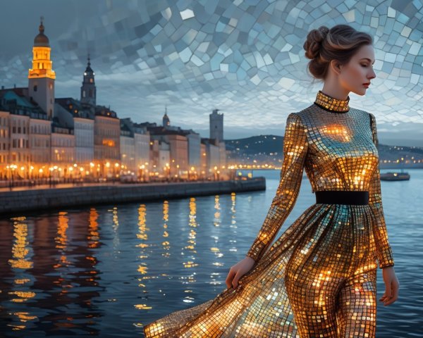 Woman in gold sequin jumpsuit by waterfront at dusk