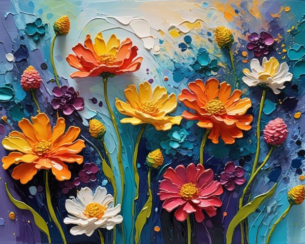 Vibrant Impasto Painting of a Flower Field
