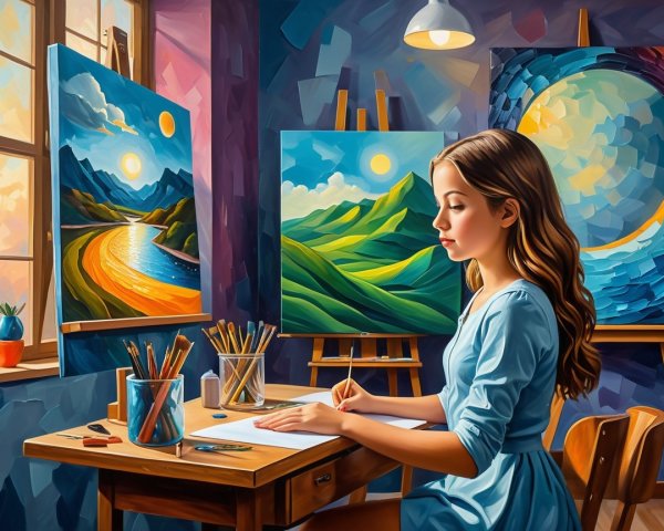 Young Woman Drawing in Cozy Art Studio with Paintings