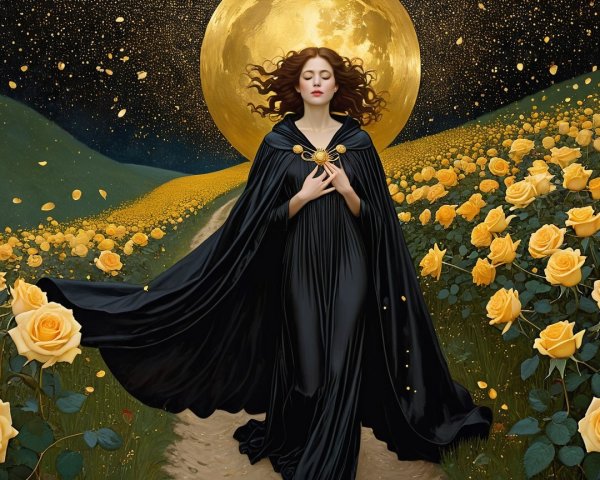 Mysterious Woman in Cloak Among Yellow Roses at Night