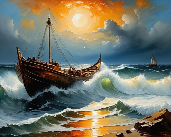 Wooden Ship Battling Waves Under Vibrant Sky