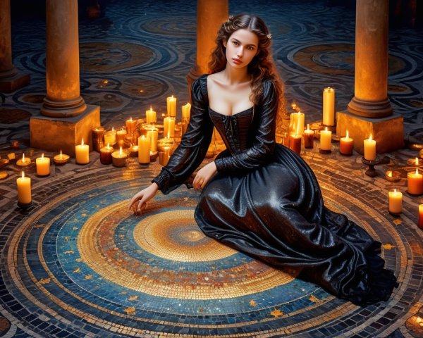 Young woman in black satin dress on mosaic floor
