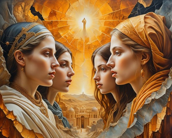 Four Women in Profile with Elaborate Attire and Jewelry