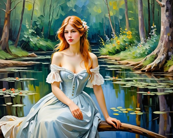 Young Woman in White Dress by Tranquil Pond