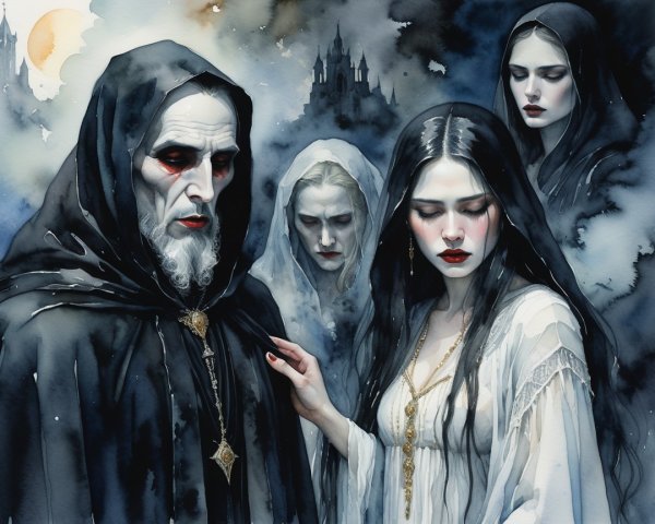 Mysterious Watercolor Scene with Cloaked Figures