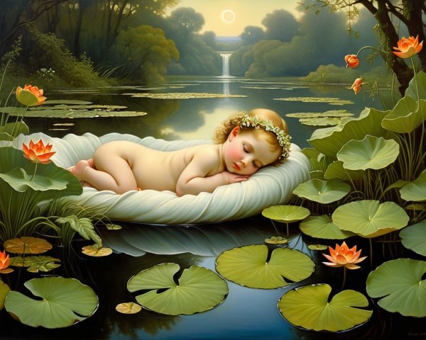 Infant Baby Sleeping in Lotus Flower on Water
