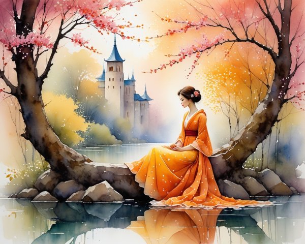 Woman in Orange Kimono by Tranquil Lake and Castle