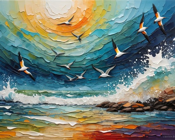 Vibrant Seaside Scene with Waves and Seagulls