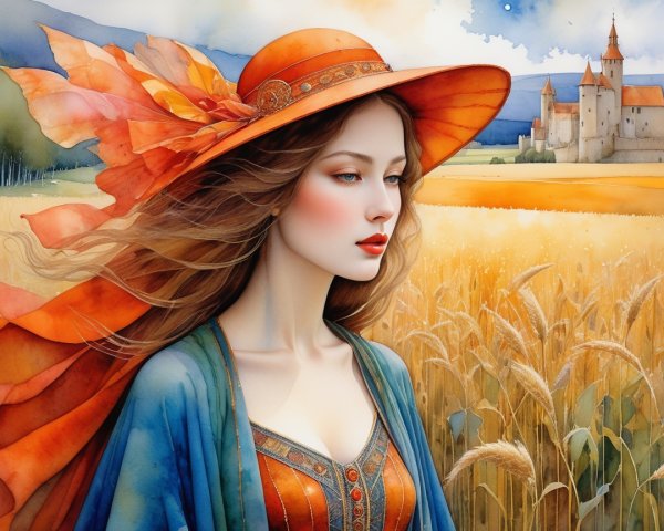 Serene Woman in Golden Field with Castle Background