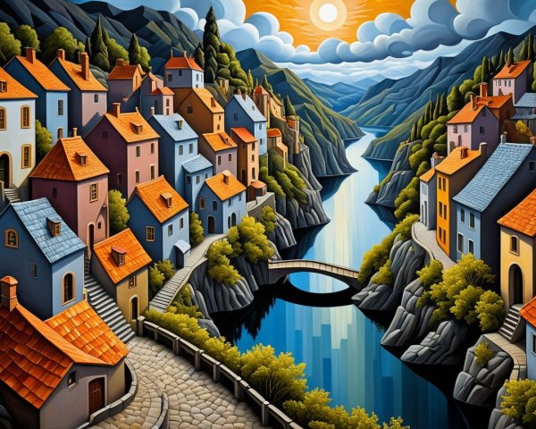Vibrant Riverside Village Surrounded by Mountains