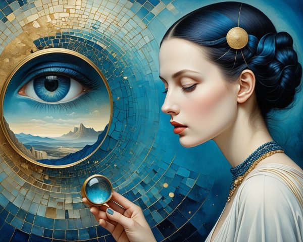 Serene Woman with Blue Hair and Surreal Landscape