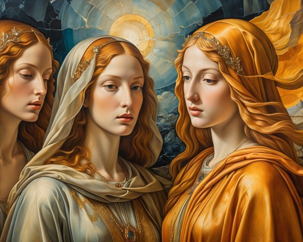 Ethereal Women in Intricate Garments with Colorful Backdrop