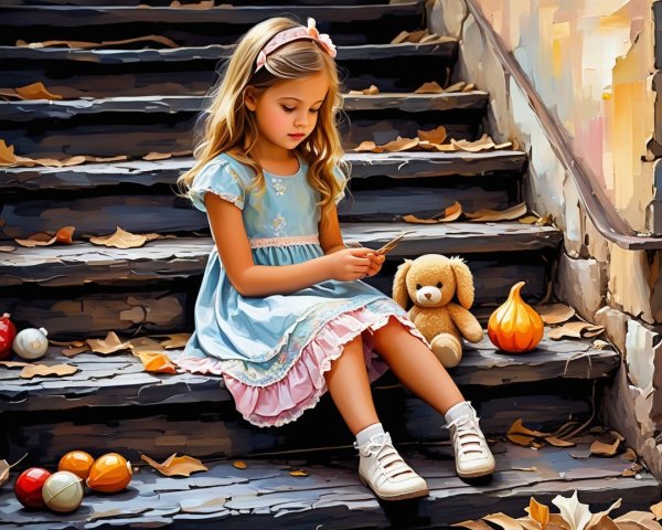 Young girl on weathered steps with leaves and toys