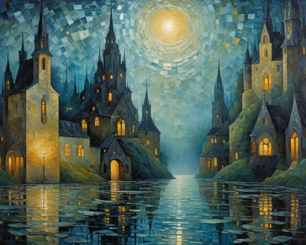 Serene Dreamlike Landscape with Illuminated Buildings