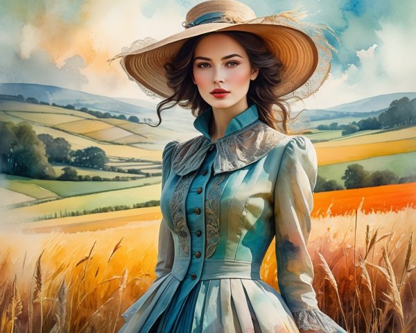 Young Woman in Teal Dress in Lush Field Landscape