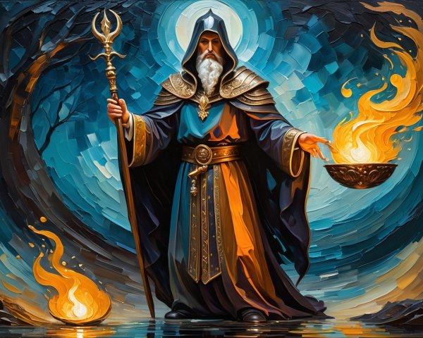 Mystical figure in enchanted forest with swirling flame