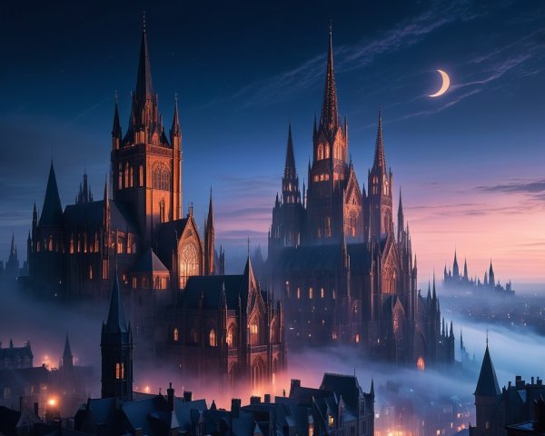 Gothic Kingdom Skyline at Dusk with Twilight Colors