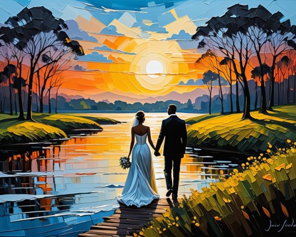 Newlywed Couple at Sunset by Serene Riverbank