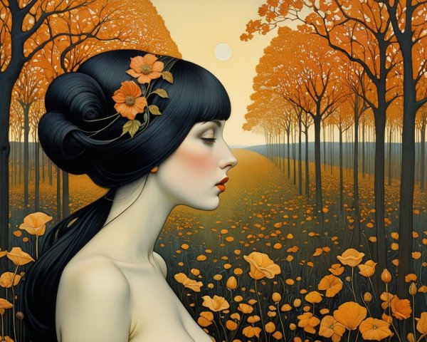 Woman with Orange Flowers Amid Autumn Landscape