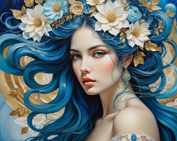 Portrait of a woman with blue hair and floral details