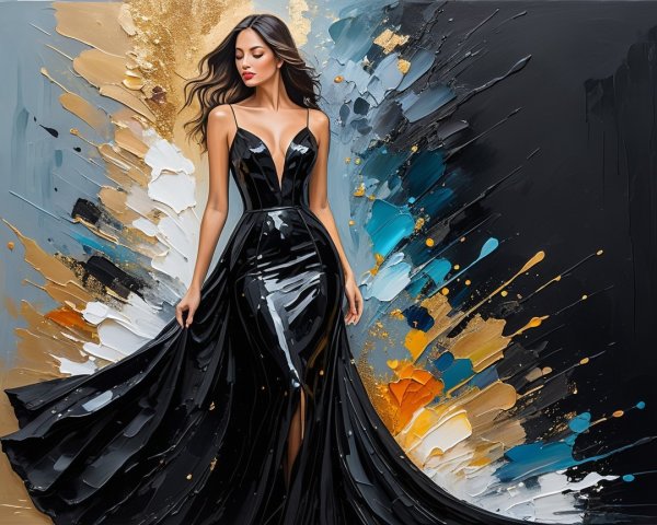 Elegant Woman in Black Satin Gown with Colorful Background