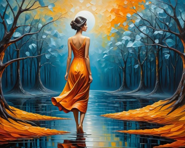 Woman in Orange Dress Walking by Reflective Water