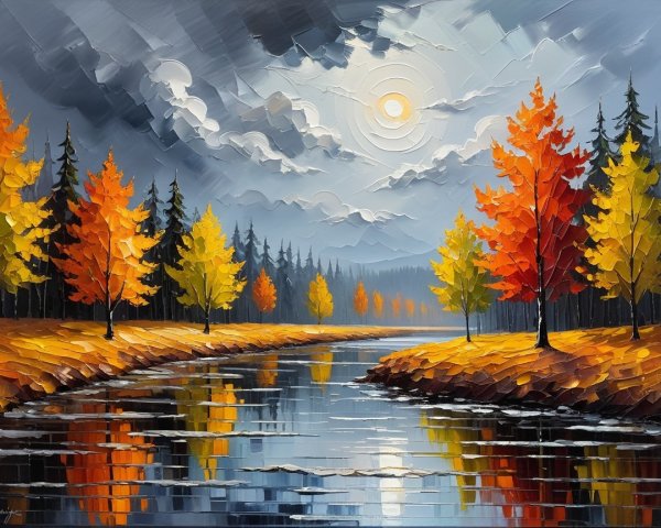 Vibrant Autumn Landscape with Tranquil River Reflections