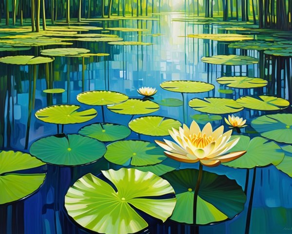Serene pond with lily pads and blooming flowers