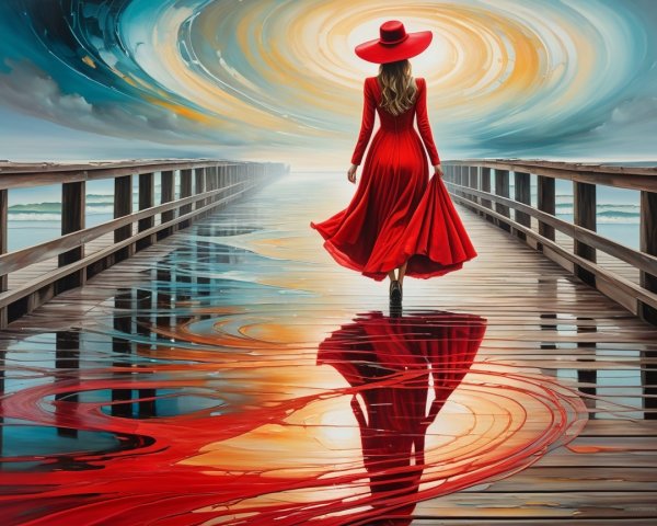 Woman in Red Dress on Vibrant Pier at Sunset