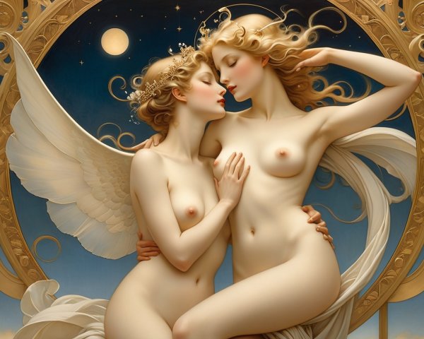 Ethereal Figures Embracing Under a Glowing Moon