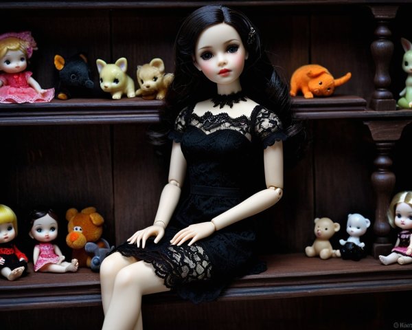 Detailed Doll Display with Unique Toys and Warm Lighting