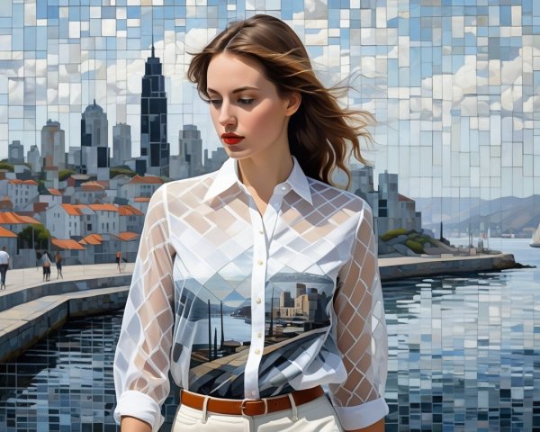 Young woman in abstract landscape by water with buildings
