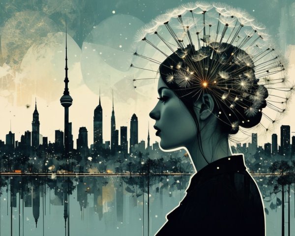 Silhouette of Woman with Skyline and Dandelion Hair