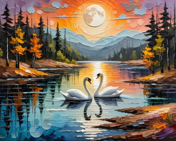Serene Landscape with Swans and Autumn Colors