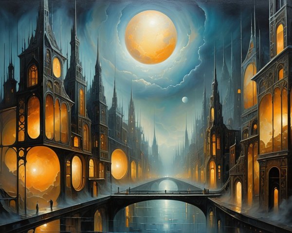 Twilight Cityscape with Illuminated Structures and Moon