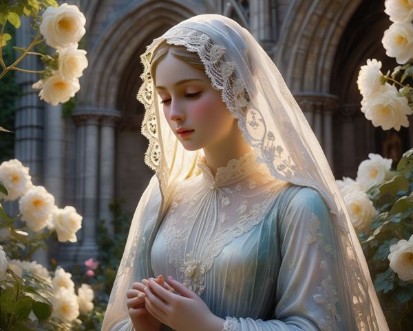 Serene Figure in Blue Gown Among Blooming Roses