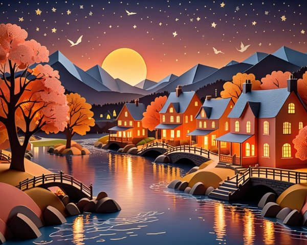 Twilight Landscape with Houses, River, and Mountains