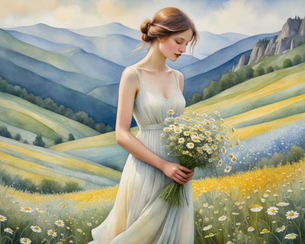 Young Woman in White Dress Surrounded by Wildflowers