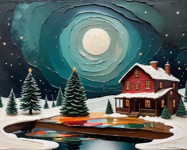 Textured 3D Impasto Painting of a Winter Landscape