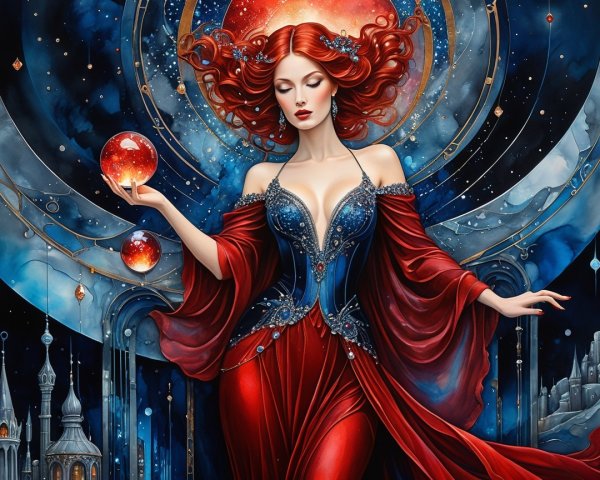 Cosmic Scene with Woman in Elegant Gown and Orbs