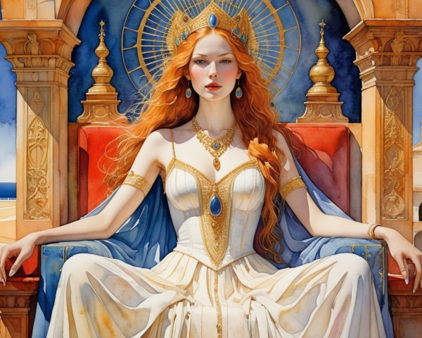 Majestic queen on a grand throne with turquoise jewelry