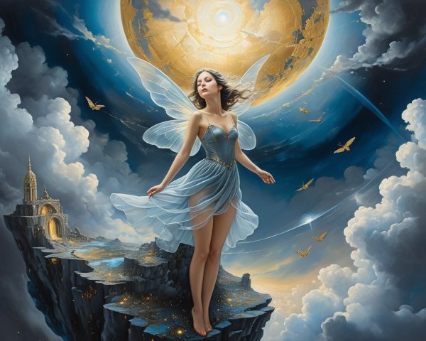 Mystical Fairy on Cliff with Celestial Background