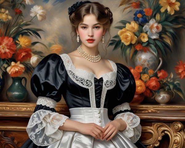 Young woman in vintage gown with floral backdrop